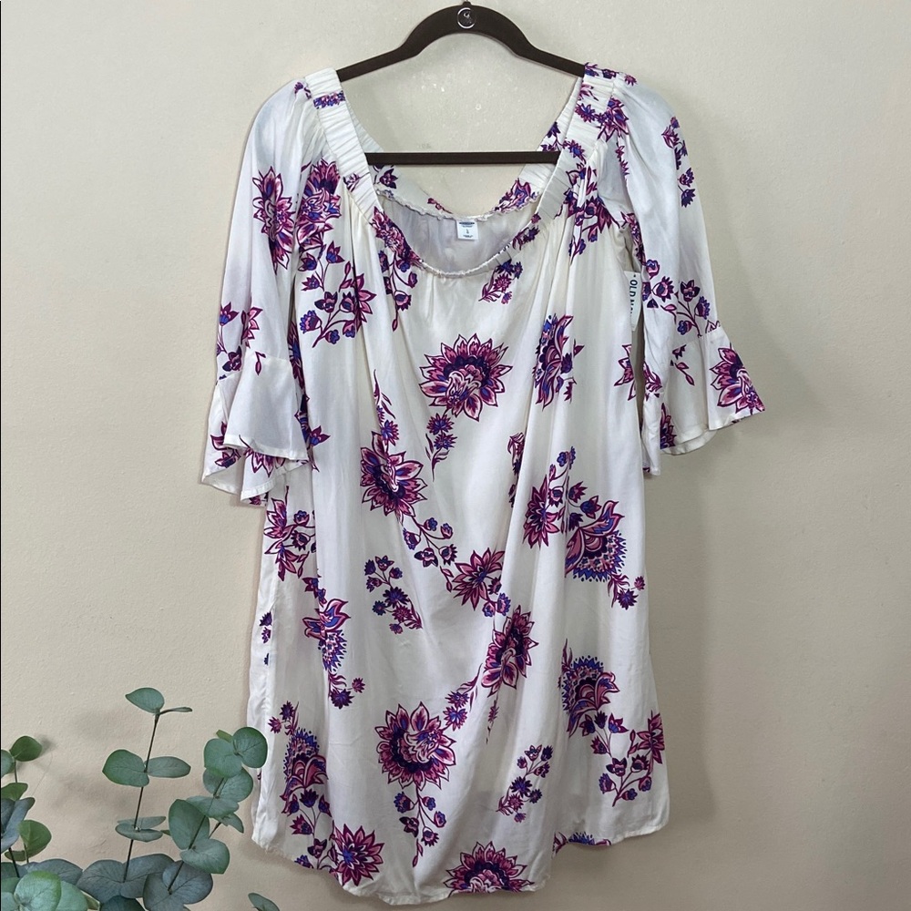 New Old Navy Floral off the Shoulder Shift Dress Women's Large White Purple Boho - Picture 2 of 8